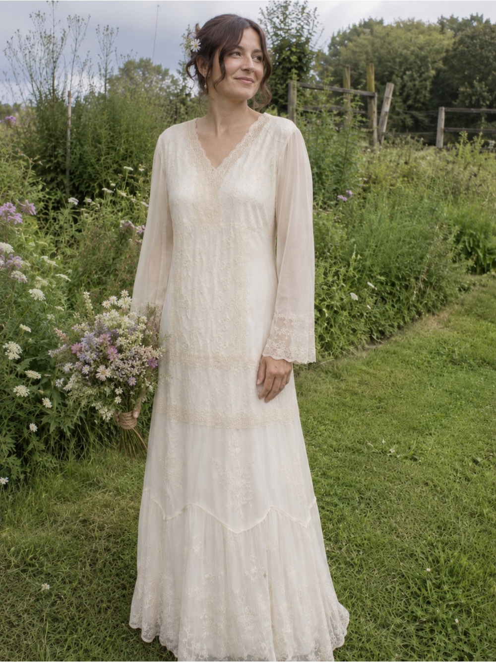 Vintage 90s April Cornell Lace Midi Dress Small RARE In Ivory Cream NWT